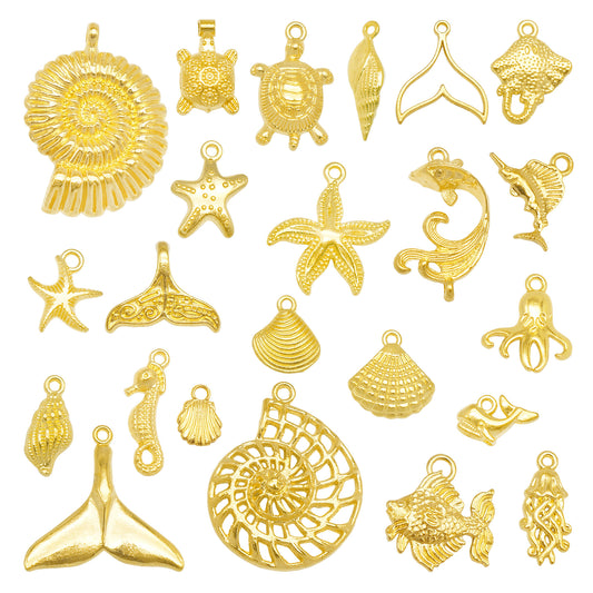 1/23pcs Color-lasting Gold Color Sea Life Charms Alloy Sea Stars Turtles Seahorses Seashells Conch Pendant for Jewelry Supplies Necklace Bracelet Earring Making Accessories Crafts Decor