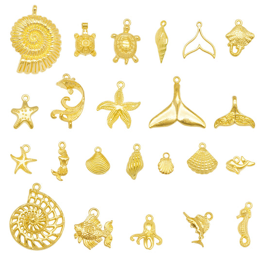 1 Piece Color-lasting Gold Color Sea Life Charms Alloy Sea Stars Turtles Seahorses Seashells Conch Pendant for Jewelry Supplies Necklace Bracelet Earring Making Accessories Crafts Decor