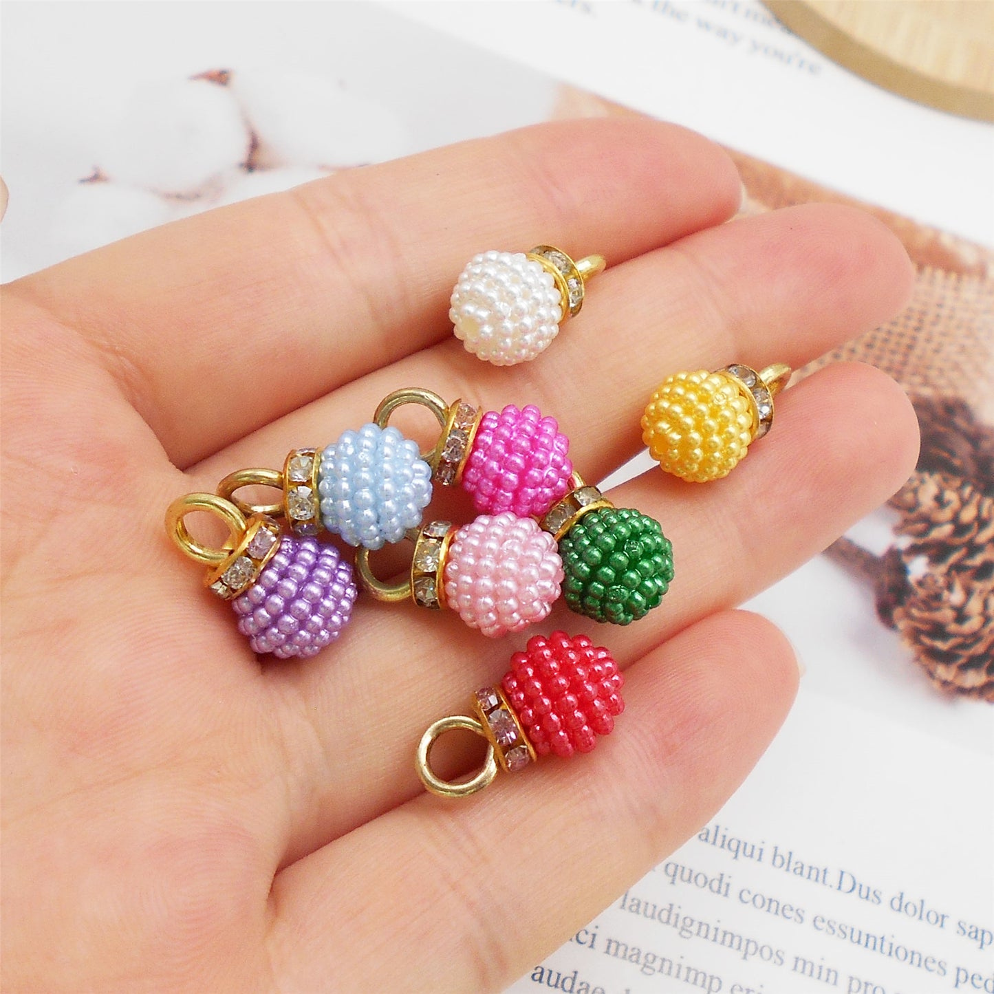40pcs 17*10mm Faux Pearl Bayberry Shaped Plastic Charms with Crystal Rhinestones Round & Bubblegum Ball Pendants for Jewelry Necklace Bracelet Earring Making Accessories DIY Crafts Decor