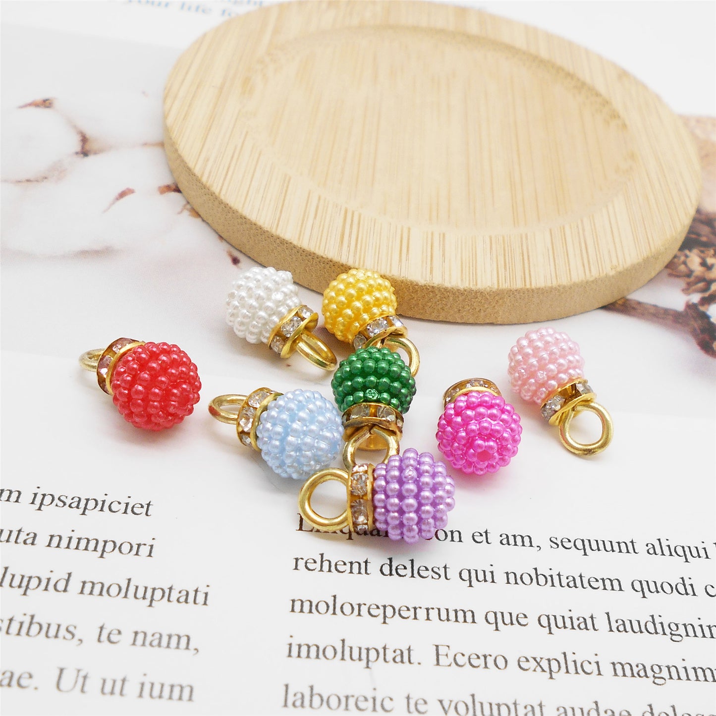 40pcs 17*10mm Faux Pearl Bayberry Shaped Plastic Charms with Crystal Rhinestones Round & Bubblegum Ball Pendants for Jewelry Necklace Bracelet Earring Making Accessories DIY Crafts Decor