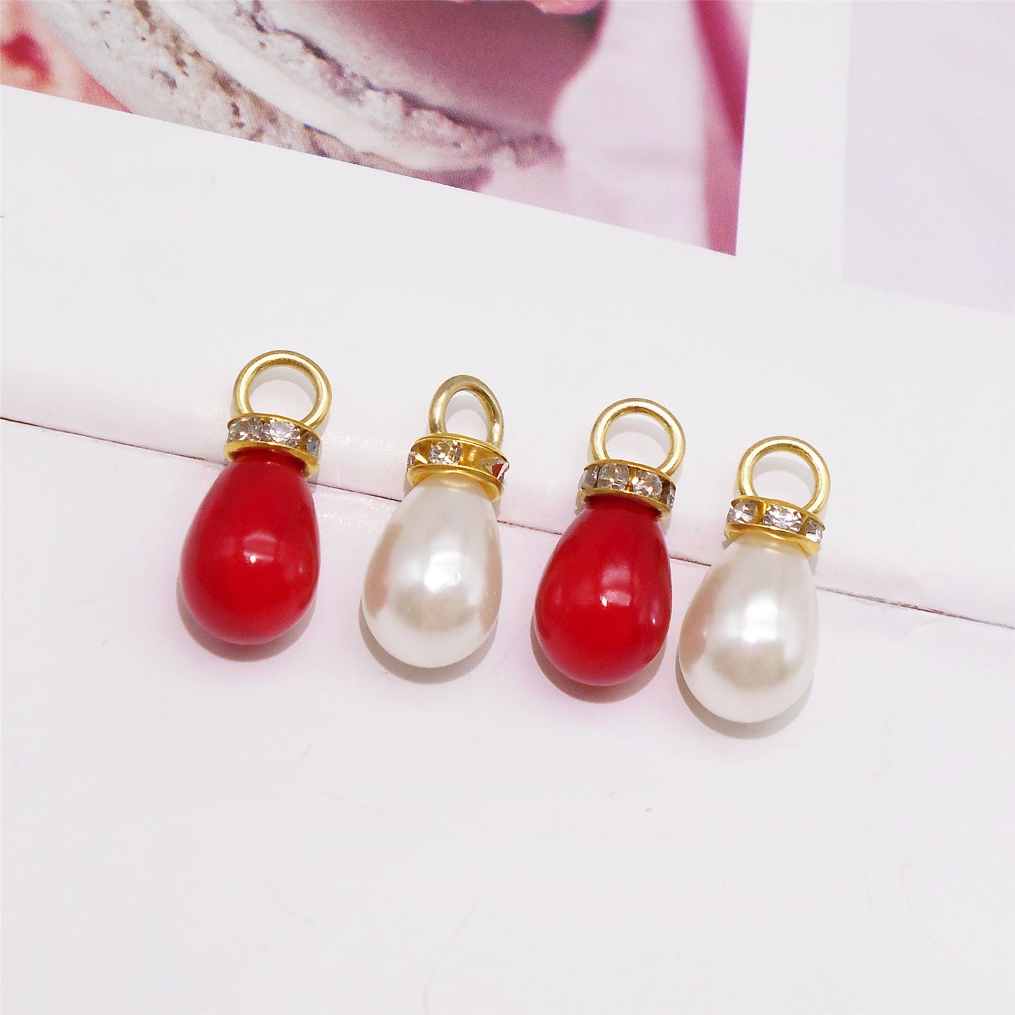 20pcs 10*22mm White&Red Teardrop Shaped Charms Faux Pearl Pendants with Crystal Rhinestones ABS Plastic Jewelry Accessories for Necklace Bracelet Earring Making Crafts Bag Purse Keychain Decor