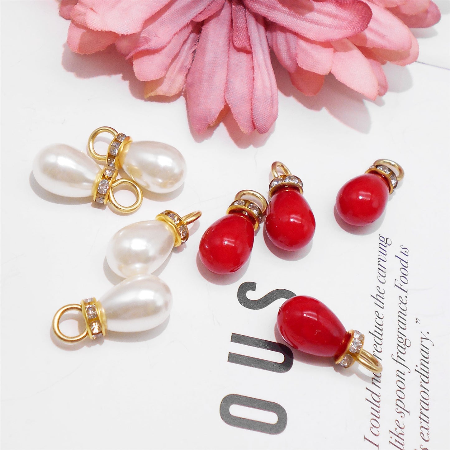 20pcs 10*22mm White&Red Teardrop Shaped Charms Faux Pearl Pendants with Crystal Rhinestones ABS Plastic Jewelry Accessories for Necklace Bracelet Earring Making Crafts Bag Purse Keychain Decor