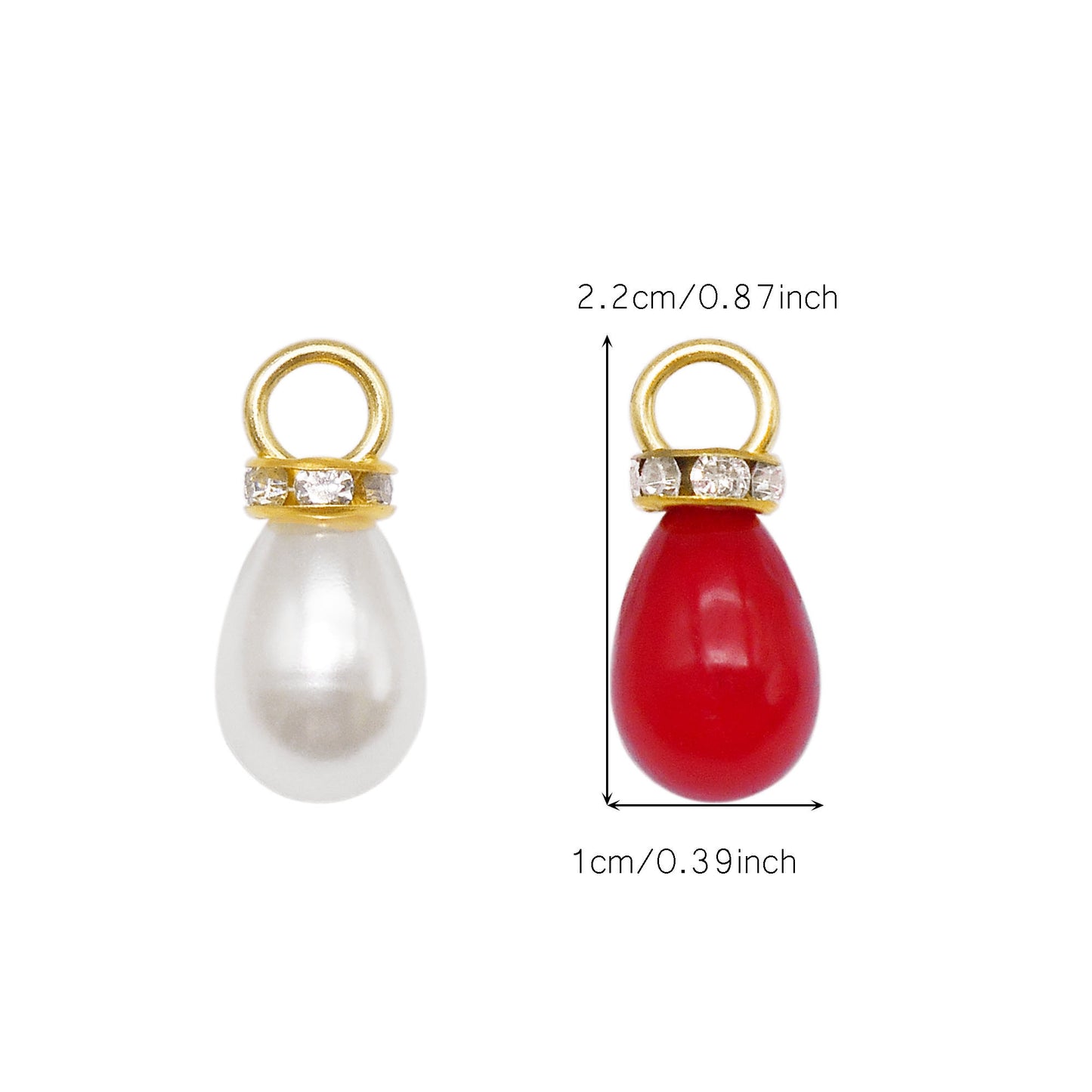 20pcs 10*22mm White&Red Teardrop Shaped Charms Faux Pearl Pendants with Crystal Rhinestones ABS Plastic Jewelry Accessories for Necklace Bracelet Earring Making Crafts Bag Purse Keychain Decor