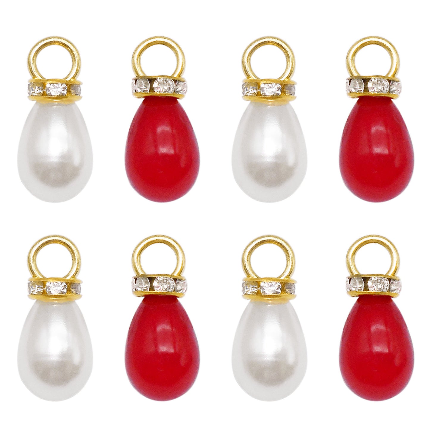 20pcs 10*22mm White&Red Teardrop Shaped Charms Faux Pearl Pendants with Crystal Rhinestones ABS Plastic Jewelry Accessories for Necklace Bracelet Earring Making Crafts Bag Purse Keychain Decor