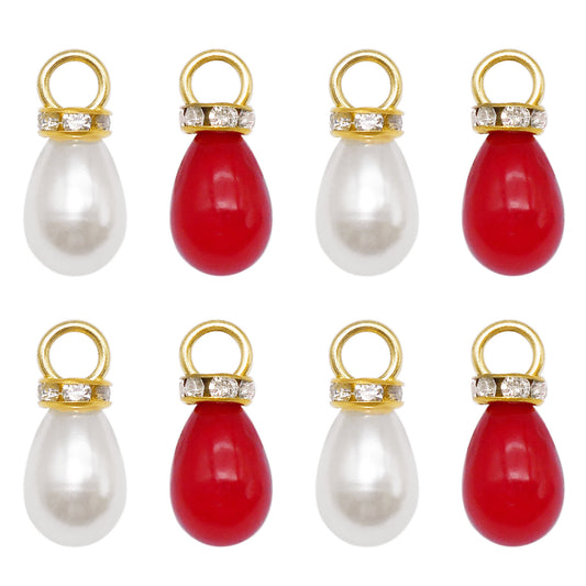 20pcs 10*22mm White&Red Teardrop Shaped Charms Faux Pearl Pendants with Crystal Rhinestones ABS Plastic Jewelry Accessories for Necklace Bracelet Earring Making Crafts Bag Purse Keychain Decor