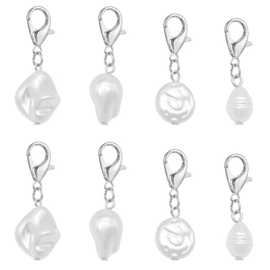 8pcs High-Gloss White Irregular Faux Pearl Pendants with Alloy Lobster Claw Clasp Plastic Shoe Charms Keychains Dangle Jewelry Making Accessories Bag Purse Clothes Decor