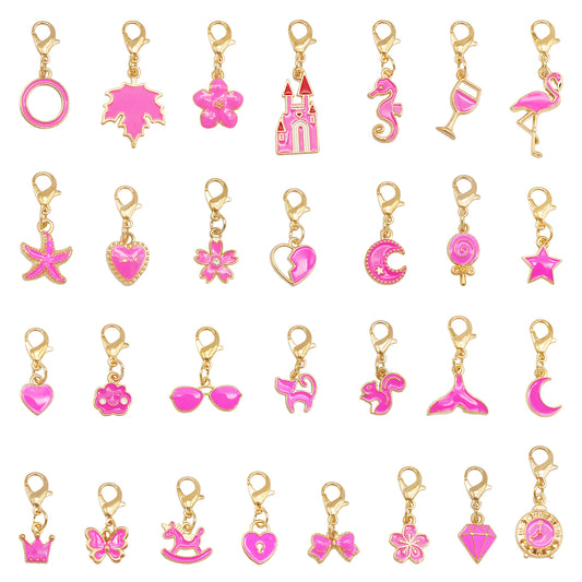 1/29pcs Enamel Alloy Flower Heart Star Moon Pendants with Lobster Clasp Rose Red Shoe Charms Cute Keyring Dangle Jewelry Accessories Women Purses Bags Hanging Decor