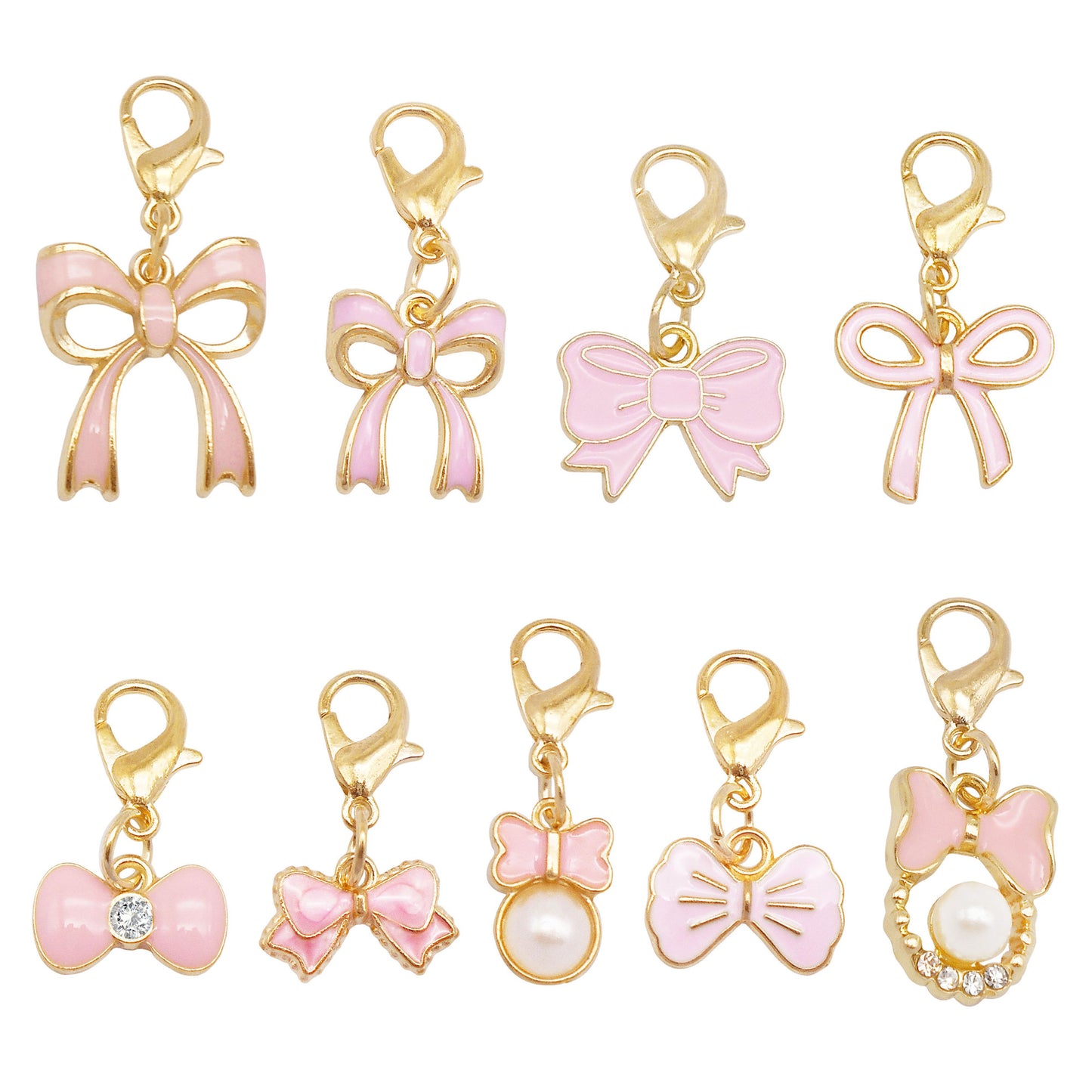 9pcs Pink Enamel Bowknot Charms with Lobster Clasp Alloy Bow Pendants with Faux Pearl & Crystal Rhinestone Necklace Bracelet Earring Making Accessories Shoe Charms Keyring Dangles Ladies Bag Purse Clothes Hanging Decor