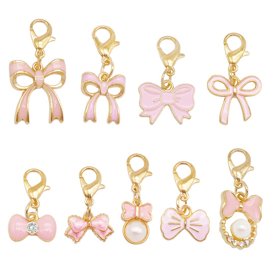 9pcs Pink Enamel Bowknot Charms with Lobster Clasp Alloy Bow Pendants with Faux Pearl & Crystal Rhinestone Necklace Bracelet Earring Making Accessories Shoe Charms Keyring Dangles Ladies Bag Purse Clothes Hanging Decor