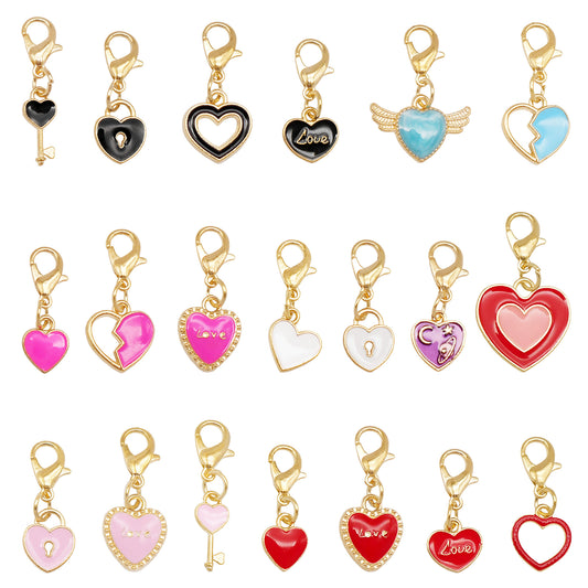 1/20 PCS Multi-Color Enamel Love Heart Pendant with Lobster Clasp Alloy Shoe Charms Jewelry Making Supplies Keyring Dangles Necklace Bracelet Earring Accessories Bag Purse Hair Decoration