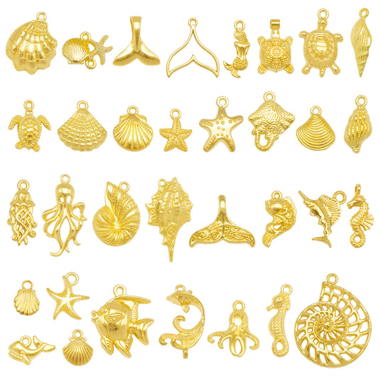 30 PCS Color-Lasting Gold Color Marine Life Charms Alloy Sea Animal Turtles Sea Shells Starfishes Seahorses Pendants for Jewelry Accessories Necklace Bracelet Earring Crafts Decor