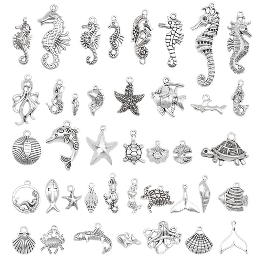 1/30PCS Retro Silver Color Sea Life Charms Alloy Marine Shells Turtles Seahorses Starfishes Pendants for Jewelry Making Accessories Necklace Bracelet Earring Decoration Ocean Theme Party Decor