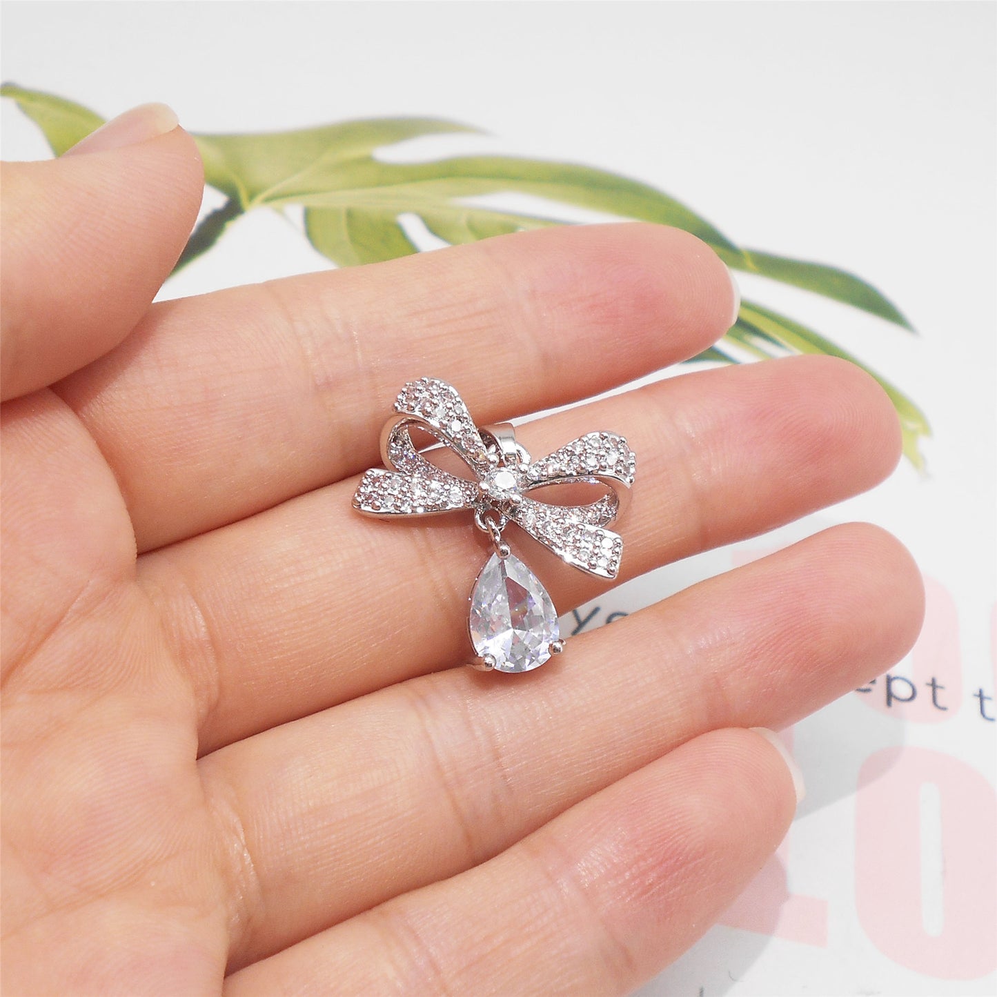 1 Piece 24x22m White Gold Bow Charms with Teardrop Crystal Dangle, Dazzling Full Rhinestone Bowknot Pendants Copper Accessories for Jewelry Making Necklace Bracelet Earrings Decor