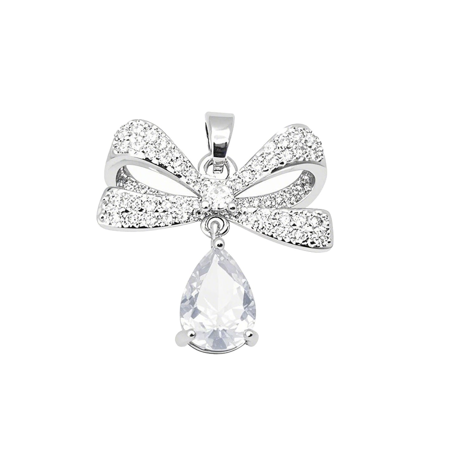 1 Piece 24x22m White Gold Bow Charms with Teardrop Crystal Dangle, Dazzling Full Rhinestone Bowknot Pendants Copper Accessories for Jewelry Making Necklace Bracelet Earrings Decor