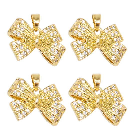 1 Piece 17x20mm Sparkling Full Rhinestones Bow Charms Color-Lasting Golden Bowknot Pendant Copper Necklace Bracelet Earrings Charms for Jewelry Making, DIY Crafts Decor