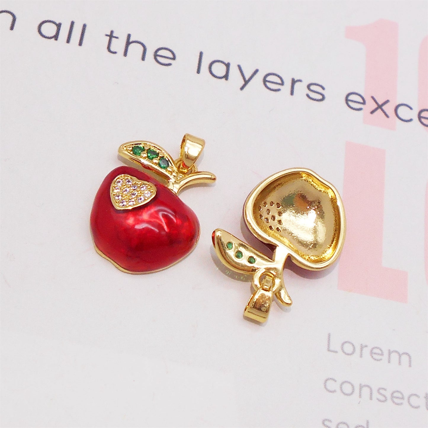 1 Piece 24x17mm Crystal Rhinestones Heart Embellished Enamel Apple Charms Copper Red Apple Fruit Pendant with Gold Leaf DIY Jewelry Making Accessories for Necklace Bracelet Earrings Decor