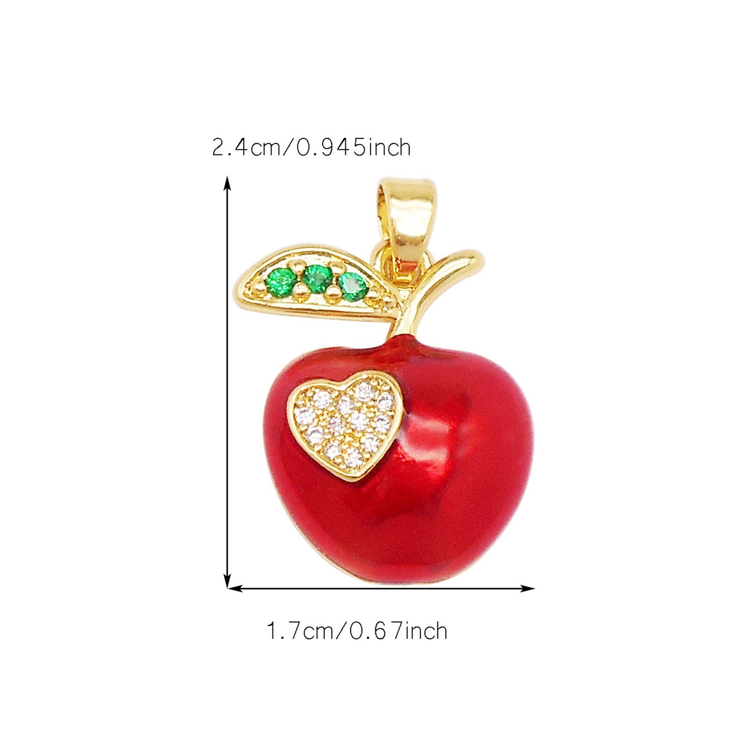 1 Piece 24x17mm Crystal Rhinestones Heart Embellished Enamel Apple Charms Copper Red Apple Fruit Pendant with Gold Leaf DIY Jewelry Making Accessories for Necklace Bracelet Earrings Decor