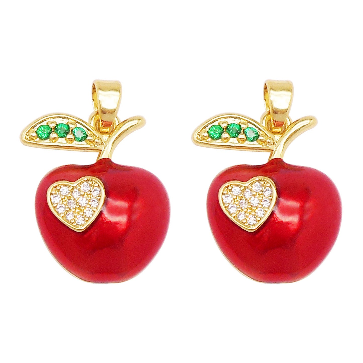 1 Piece 24x17mm Crystal Rhinestones Heart Embellished Enamel Apple Charms Copper Red Apple Fruit Pendant with Gold Leaf DIY Jewelry Making Accessories for Necklace Bracelet Earrings Decor