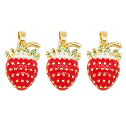 1 Piece 25x14mm Copper Red Enamel Strawberry Charms with Green Crystal Rhinestone Leaf, Delicate 3D Fruit Pendants for DIY Jewelry Making Supplies Crafts Decor Keychain Keyring Decoration