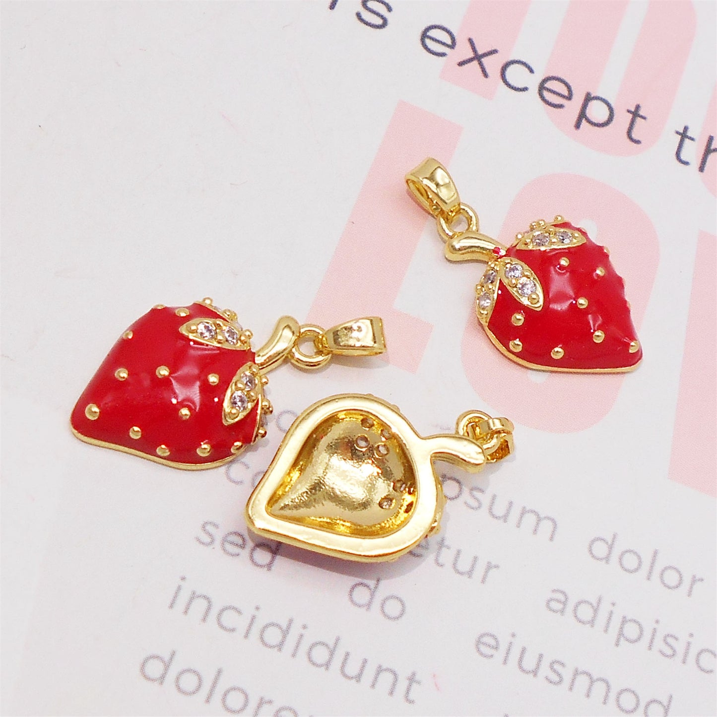 1 Piece 27x14mm Enamel Red Strawberry Charms Crystal Rhinestones Leaf Fruit Pendants Copper for Jewelry Making Accessories Crafts Keychain Decor