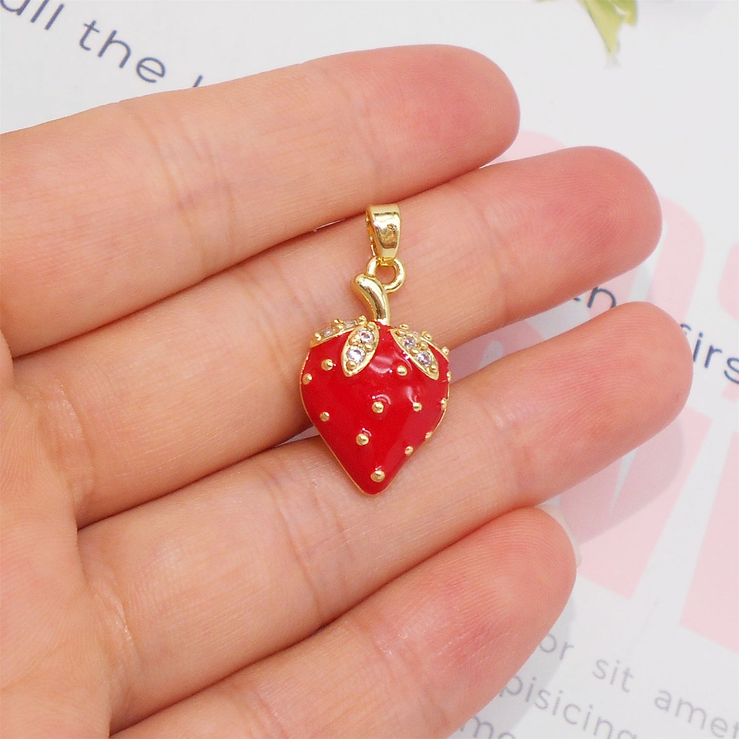 1 Piece 27x14mm Enamel Red Strawberry Charms Crystal Rhinestones Leaf Fruit Pendants Copper for Jewelry Making Accessories Crafts Keychain Decor