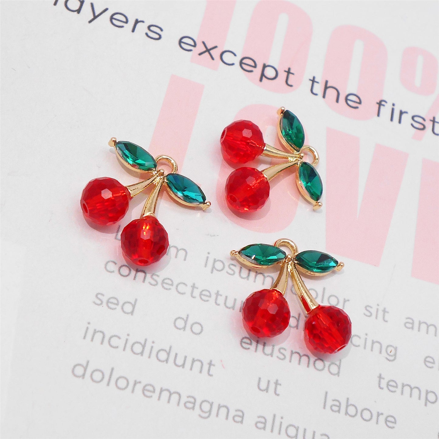 1 Piece 20x20mm Copper 3D Cherry Charms Red Glass Bead & Green Crystal Leaf Cherry Pendants for Necklace Bracelet Earrings Making Accessories DIY Crafts Decor