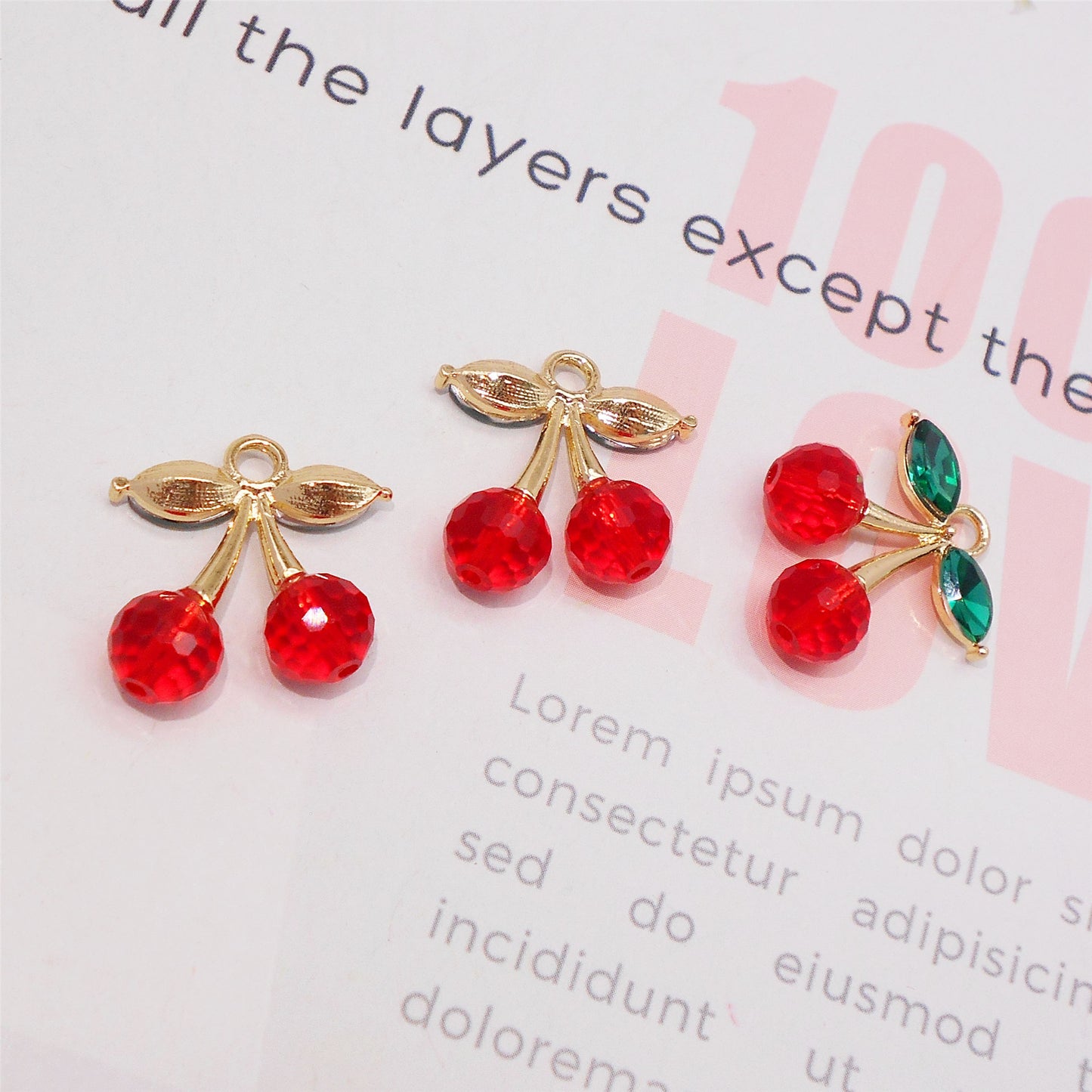 1 Piece 20x20mm Copper 3D Cherry Charms Red Glass Bead & Green Crystal Leaf Cherry Pendants for Necklace Bracelet Earrings Making Accessories DIY Crafts Decor