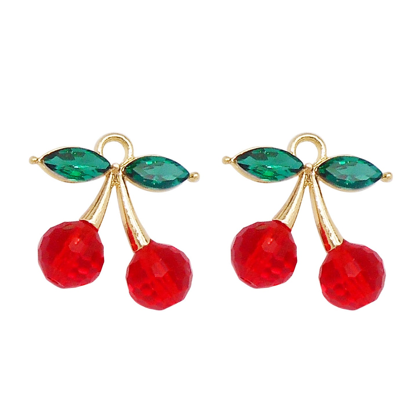 1 Piece 20x20mm Copper 3D Cherry Charms Red Glass Bead & Green Crystal Leaf Cherry Pendants for Necklace Bracelet Earrings Making Accessories DIY Crafts Decor