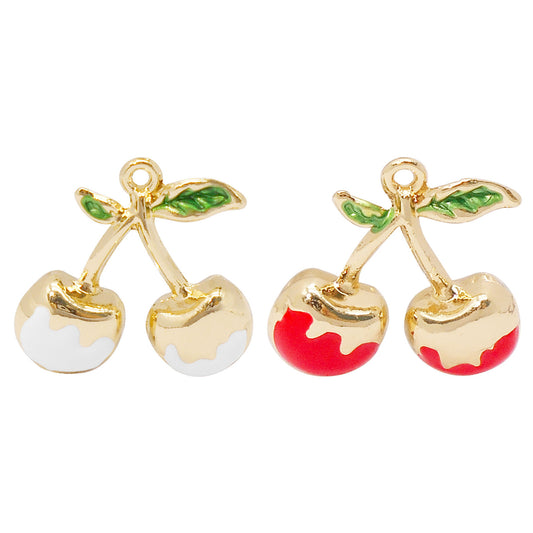 2PCS 21.5x22mm Red & White Enamel Cherry Charms Gold-Toned Alloy 3D Fruit Cherry Pendants Jewelry Making Accessories for Necklace Bracelet Earrings Decor, DIY Crafts Supplies