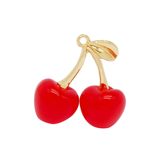 2PCS 29.5x30mm Red Plastic Cherry Charms with Gold Alloy Leaf 3D Cherry Fruit Pendants for Diy Necklace Bracelet Earring Making Accessories Keychain Decor