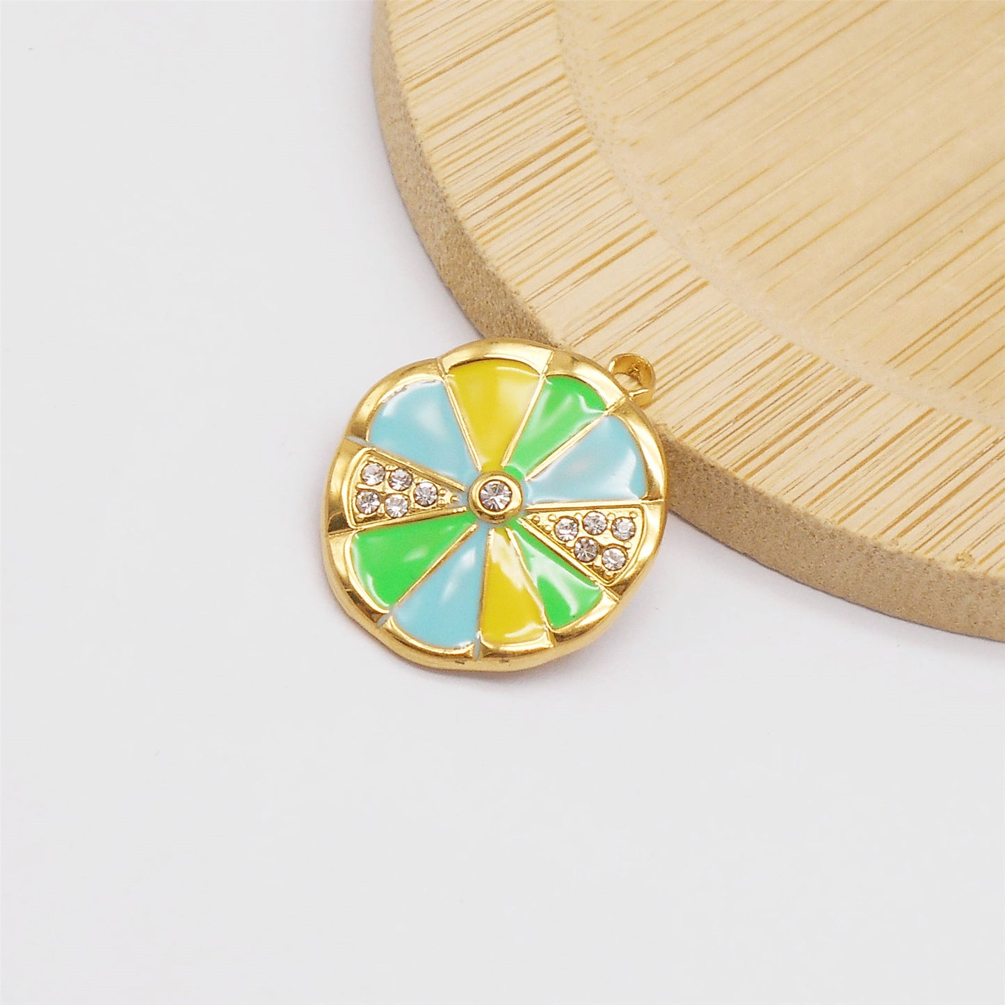 1 Piece 24x20mm Gold Bezel Frame Lemon Slice Charms Crystal Rhinestone Embellished Enamel Citrus Pendants Stainless Steel Accessories for Jewelry Making DIY Crafts Decor