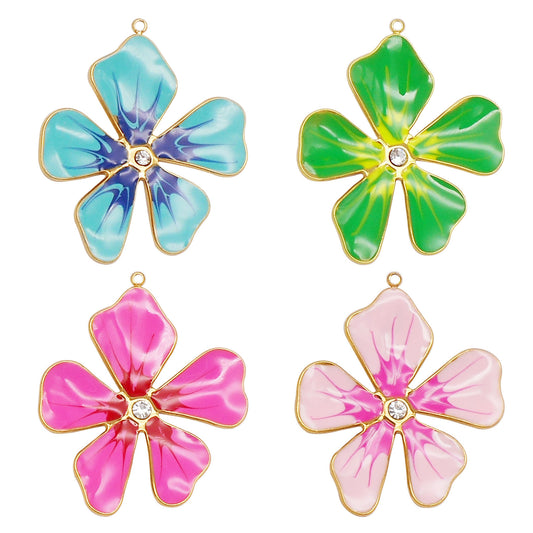 1 Piece 39x32.5mm Color-Lasting Enamel Flower Charms Smooth Stainless Steel Five-Petal Blossom Floral Pendant for Necklace Bracelet Earring Making Accessories Bags Purse Decor DIY Crafts Supplies