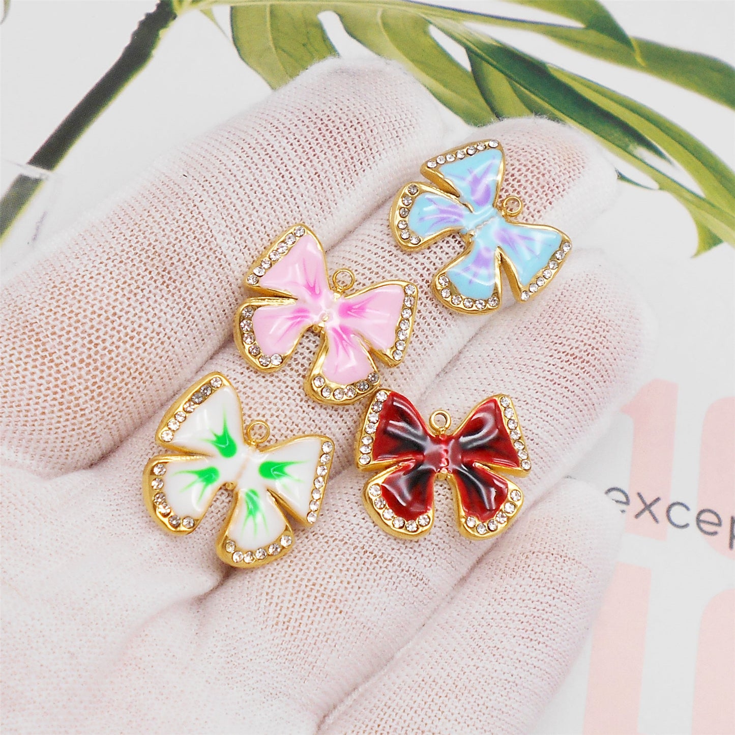 1 Piece 16x19mm Gold-Toned Stainless Steel Bow Charms Crystal Rhinestone Bezel Enamel Bowknot Pendant for DIY Jewelry Making Accessories Crafts Keychain Decor