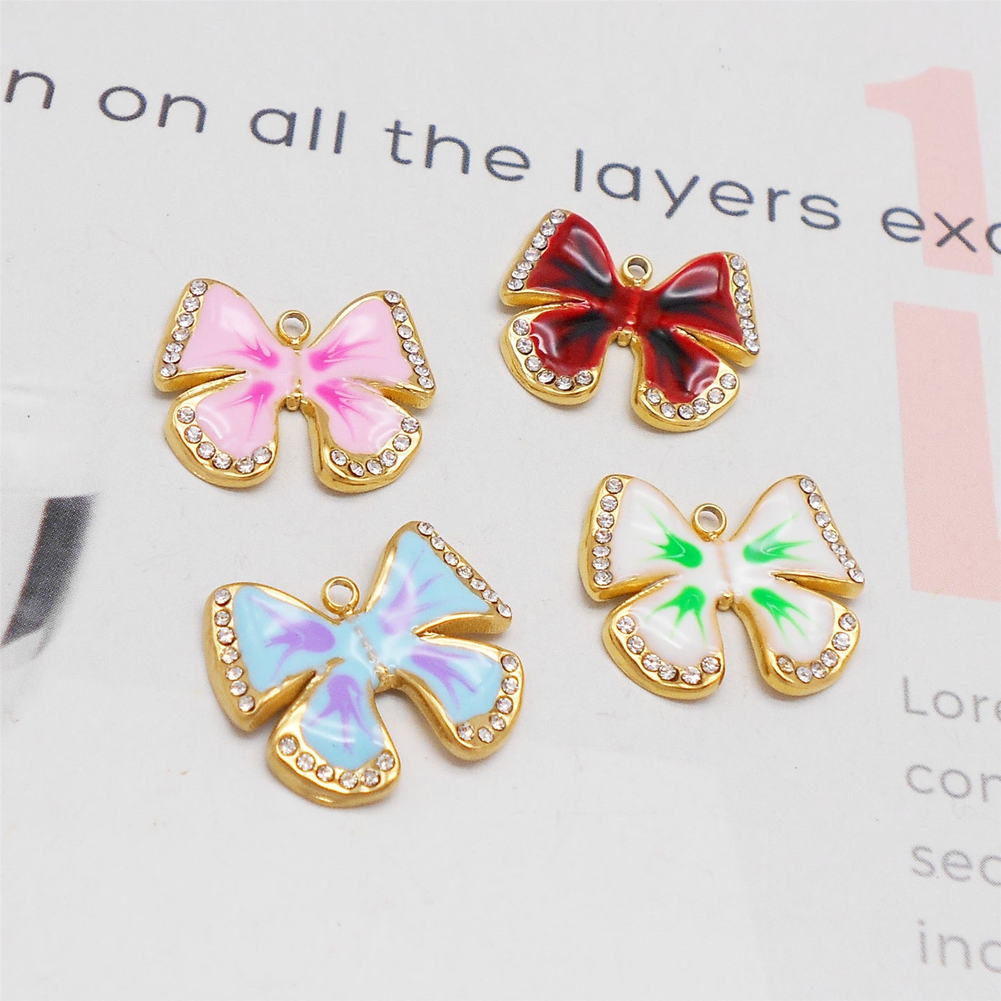 1 Piece 16x19mm Gold-Toned Stainless Steel Bow Charms Crystal Rhinestone Bezel Enamel Bowknot Pendant for DIY Jewelry Making Accessories Crafts Keychain Decor