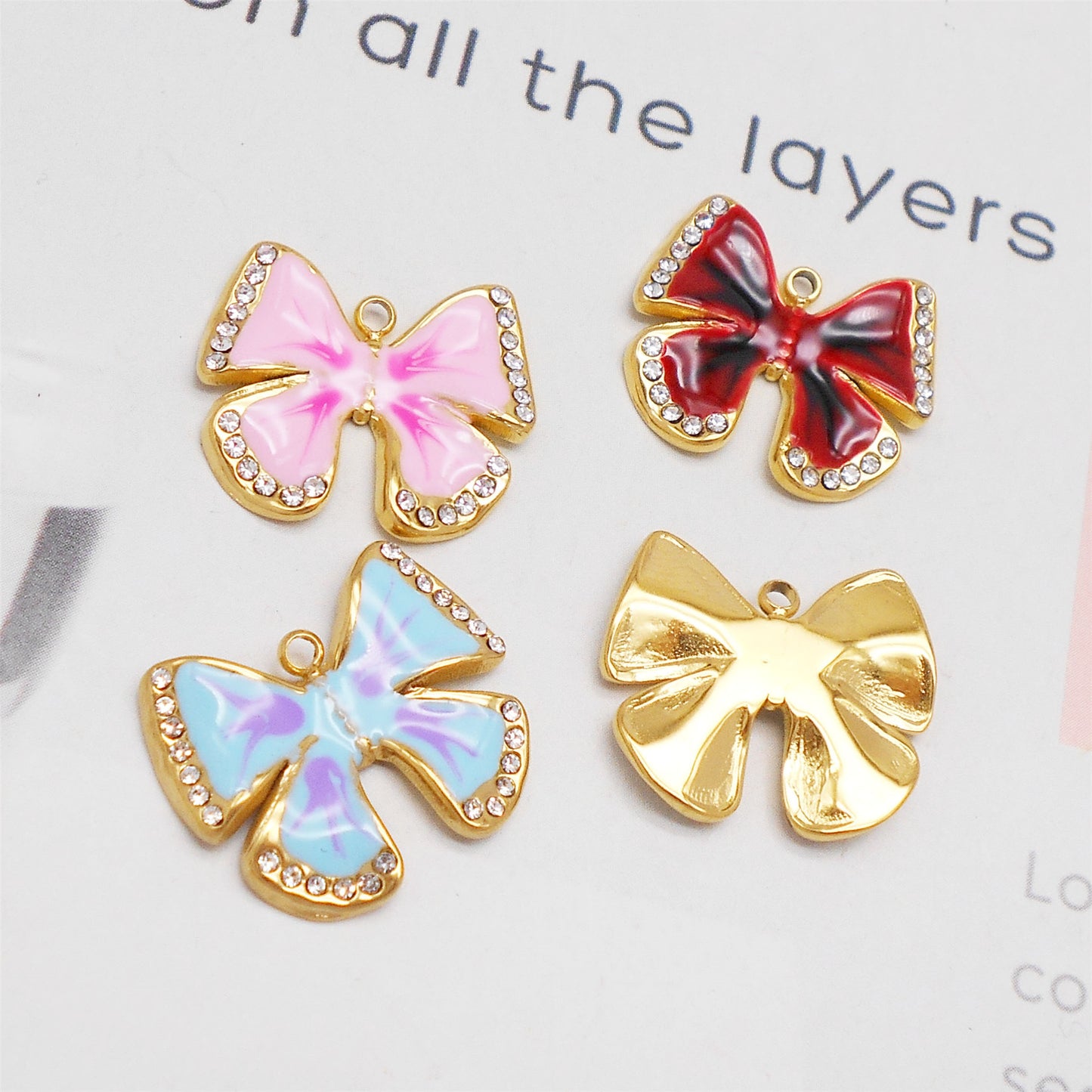 1 Piece 16x19mm Gold-Toned Stainless Steel Bow Charms Crystal Rhinestone Bezel Enamel Bowknot Pendant for DIY Jewelry Making Accessories Crafts Keychain Decor