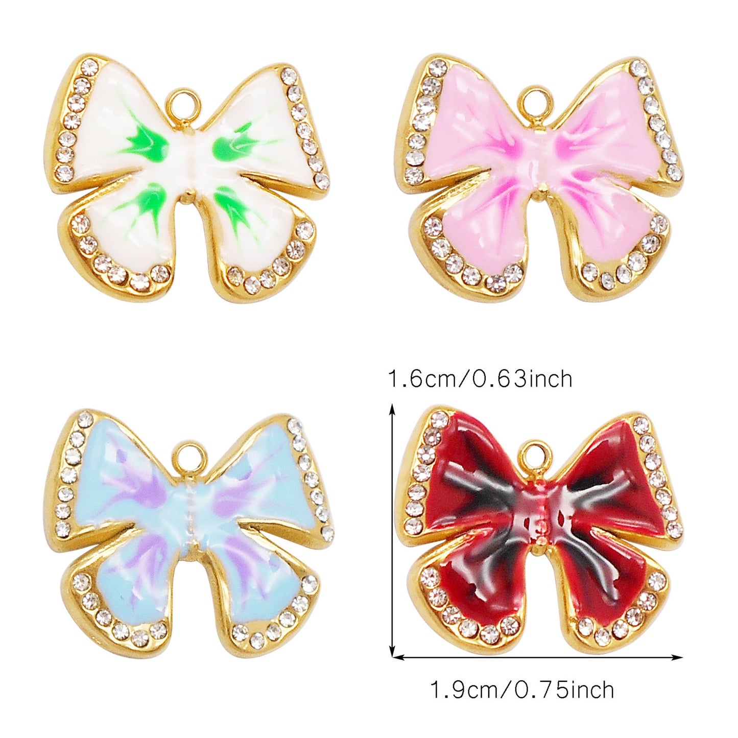 1 Piece 16x19mm Gold-Toned Stainless Steel Bow Charms Crystal Rhinestone Bezel Enamel Bowknot Pendant for DIY Jewelry Making Accessories Crafts Keychain Decor