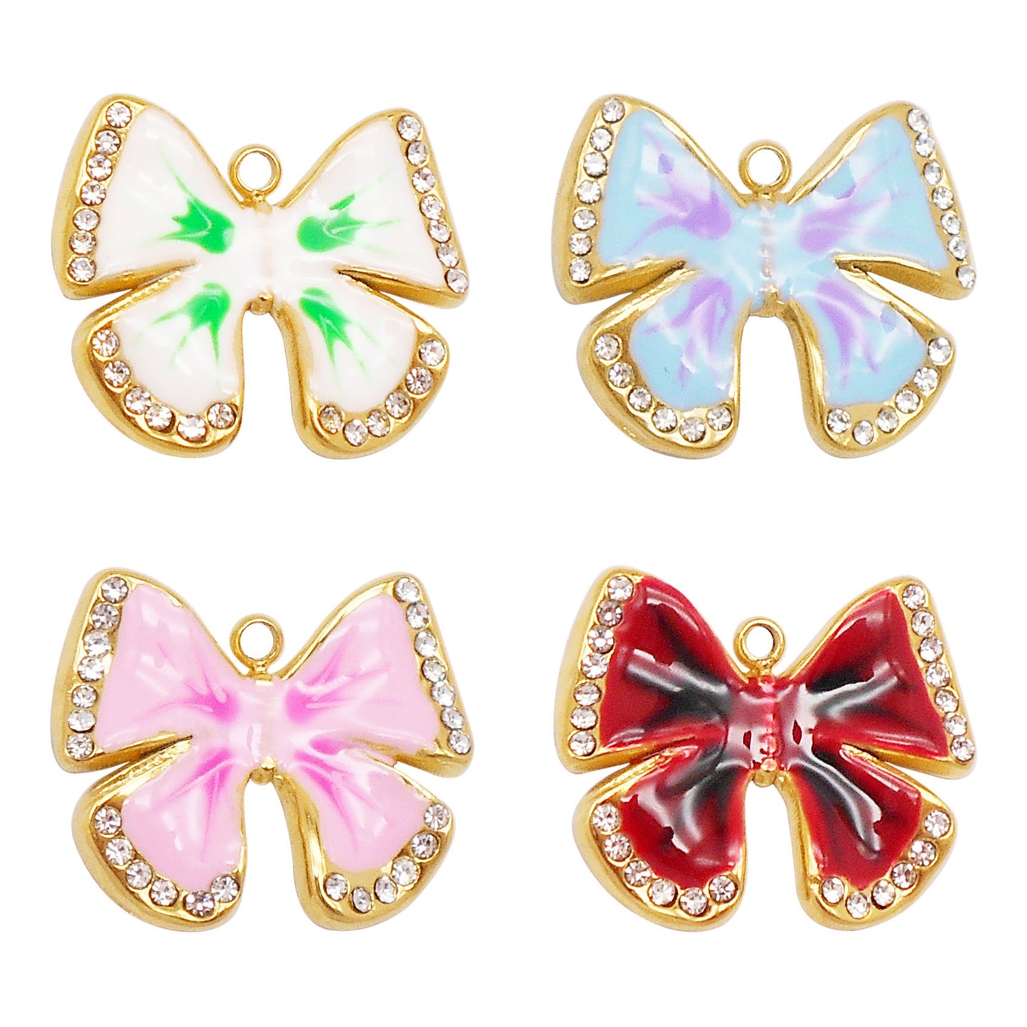 1 Piece 16x19mm Gold-Toned Stainless Steel Bow Charms Crystal Rhinestone Bezel Enamel Bowknot Pendant for DIY Jewelry Making Accessories Crafts Keychain Decor