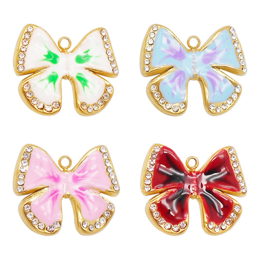 1 Piece 16x19mm Gold-Toned Stainless Steel Bow Charms Crystal Rhinestone Bezel Enamel Bowknot Pendant for DIY Jewelry Making Accessories Crafts Keychain Decor