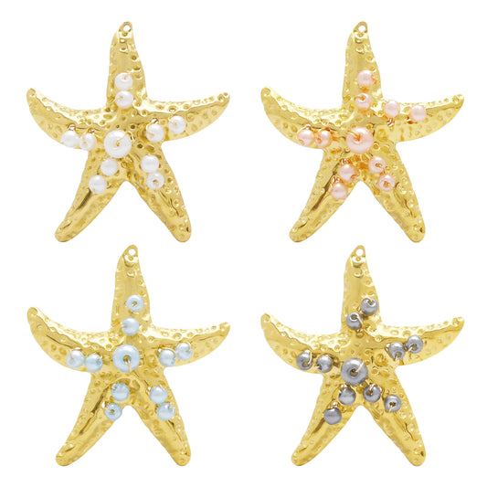 1 Piece Gold Color Sea Star Charms with Plastic Pearl Decoration 50x47mm Stainless Steel Marine Starfish Pendant DIY Jewelry Accessories for Necklace Making, Crafts Decor