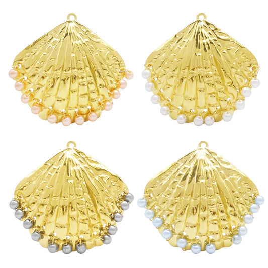 1 Picec Stainless Steel Sea Shell Charms with Plastic Pearl Decoration 45.5x47mm Gold Color Marine Scallop Shape Pendant for Jewelry Necklace Making DIY Crafts Decor
