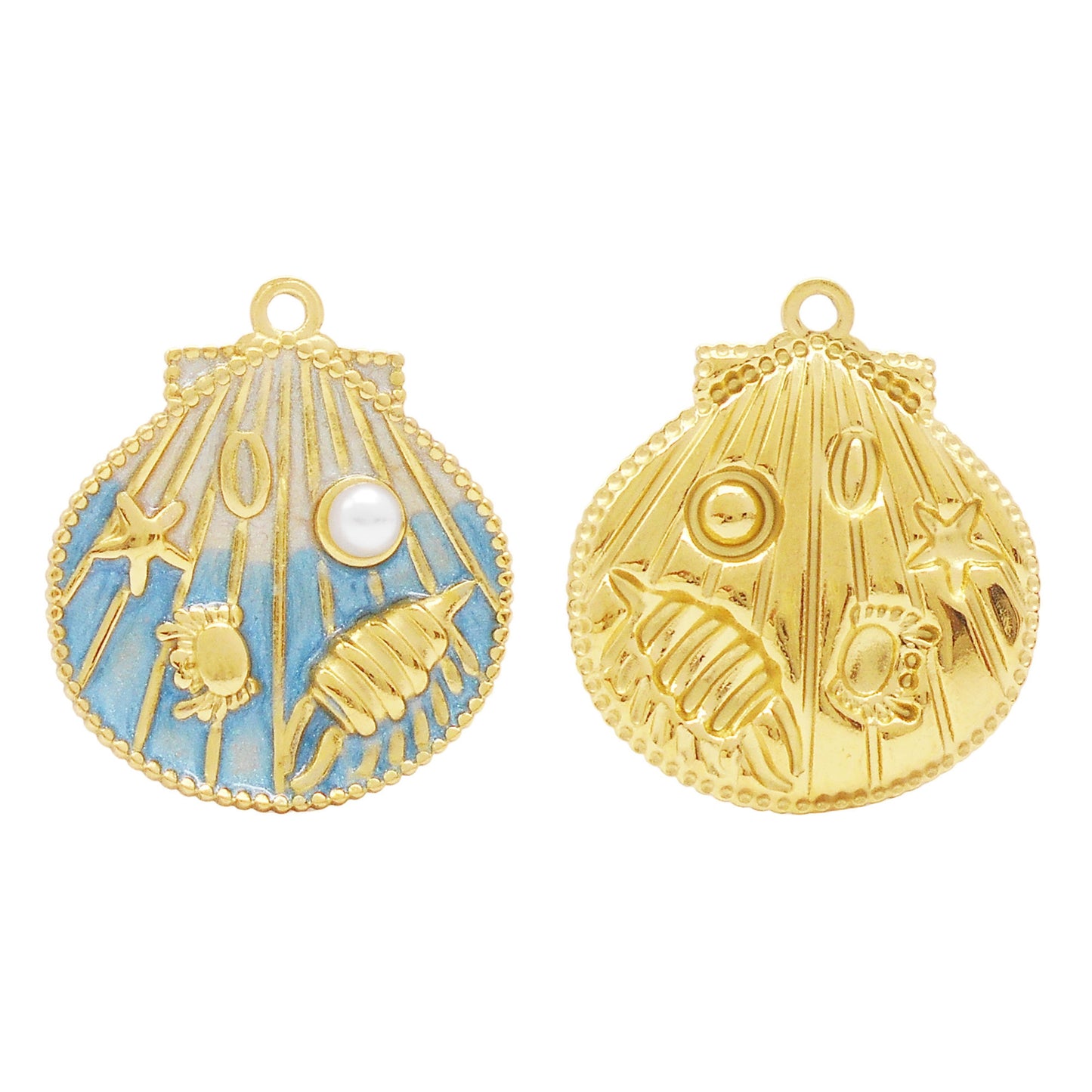 1 Piece Golden Outline Enamel Striped Sea Shell Charm with Plastic Pearl & Marine Life Decoration 29x22.5mm Stainless Steel Round Shell Pendant DIY Making Accessories for Jewelry Necklace Crafts Decor