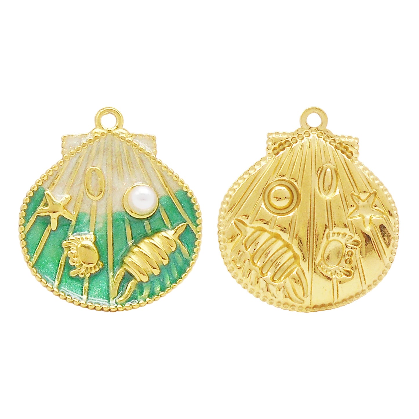 1 Piece Golden Outline Enamel Striped Sea Shell Charm with Plastic Pearl & Marine Life Decoration 29x22.5mm Stainless Steel Round Shell Pendant DIY Making Accessories for Jewelry Necklace Crafts Decor