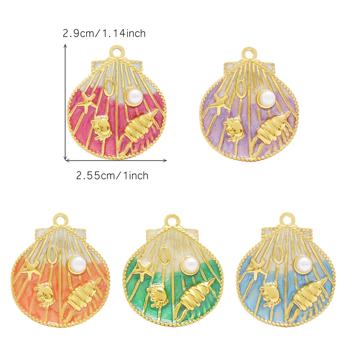 1 Piece Golden Outline Enamel Striped Sea Shell Charm with Plastic Pearl & Marine Life Decoration 29x22.5mm Stainless Steel Round Shell Pendant DIY Making Accessories for Jewelry Necklace Crafts Decor