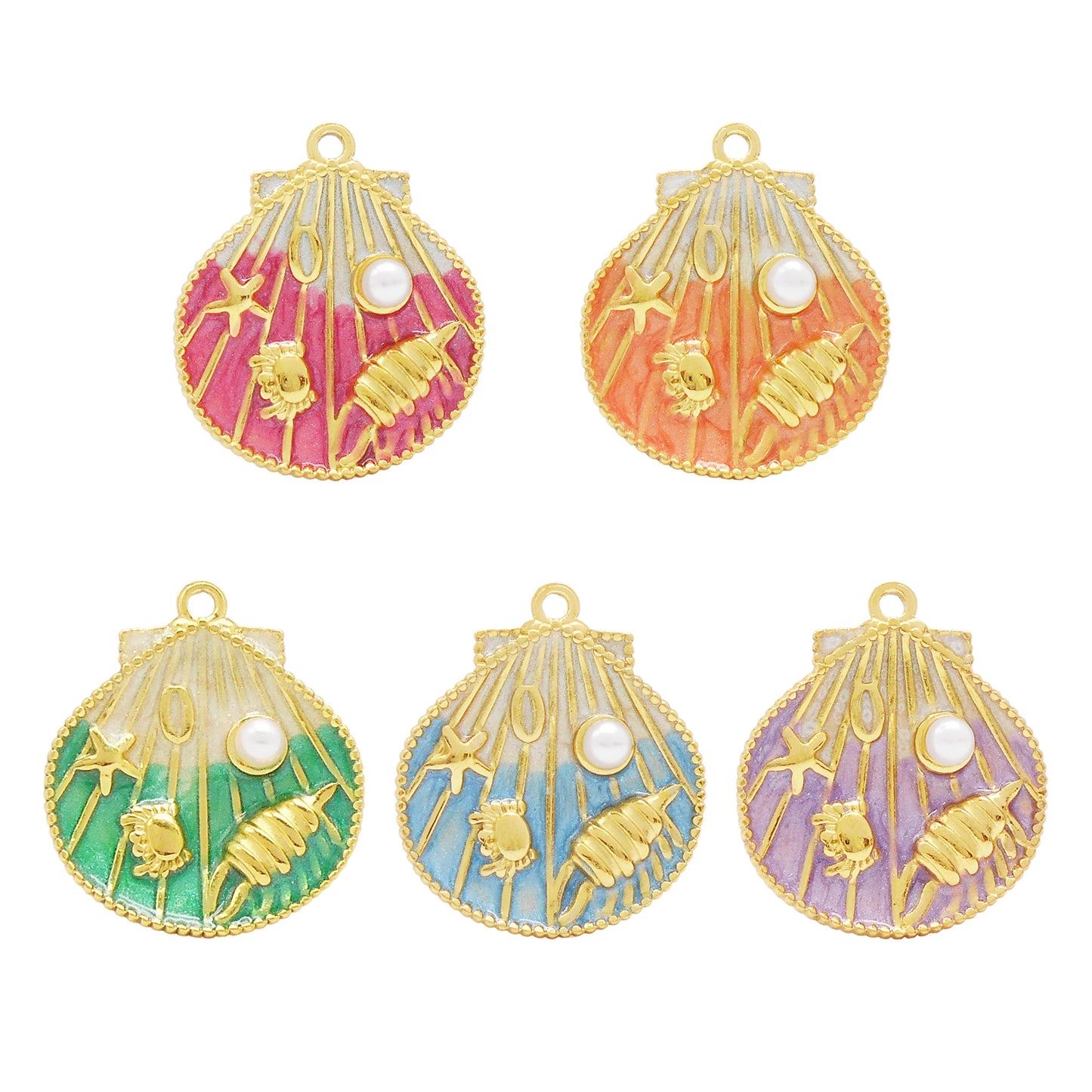 1 Piece Golden Outline Enamel Striped Sea Shell Charm with Plastic Pearl & Marine Life Decoration 29x22.5mm Stainless Steel Round Shell Pendant DIY Making Accessories for Jewelry Necklace Crafts Decor