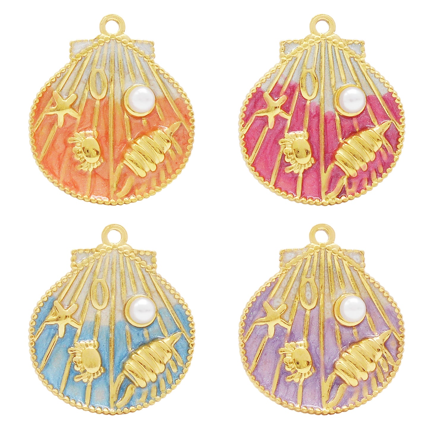 1 Piece Golden Outline Enamel Striped Sea Shell Charm with Plastic Pearl & Marine Life Decoration 29x22.5mm Stainless Steel Round Shell Pendant DIY Making Accessories for Jewelry Necklace Crafts Decor