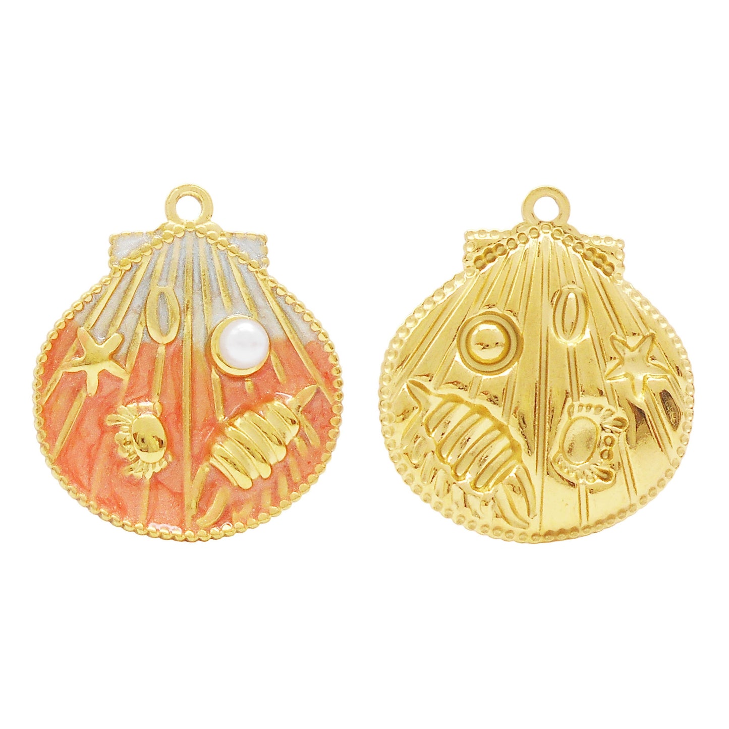 1 Piece Golden Outline Enamel Striped Sea Shell Charm with Plastic Pearl & Marine Life Decoration 29x22.5mm Stainless Steel Round Shell Pendant DIY Making Accessories for Jewelry Necklace Crafts Decor