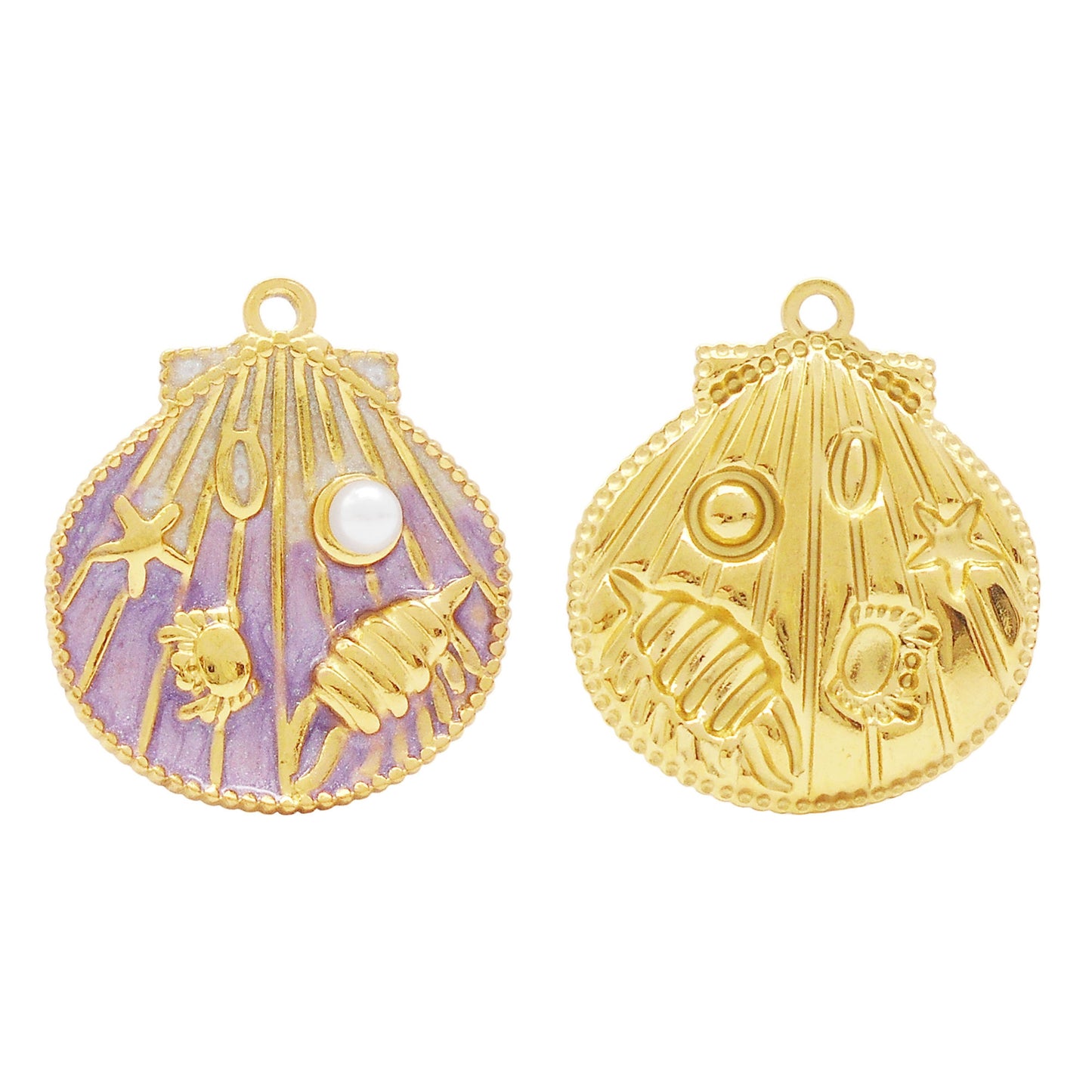 1 Piece Golden Outline Enamel Striped Sea Shell Charm with Plastic Pearl & Marine Life Decoration 29x22.5mm Stainless Steel Round Shell Pendant DIY Making Accessories for Jewelry Necklace Crafts Decor