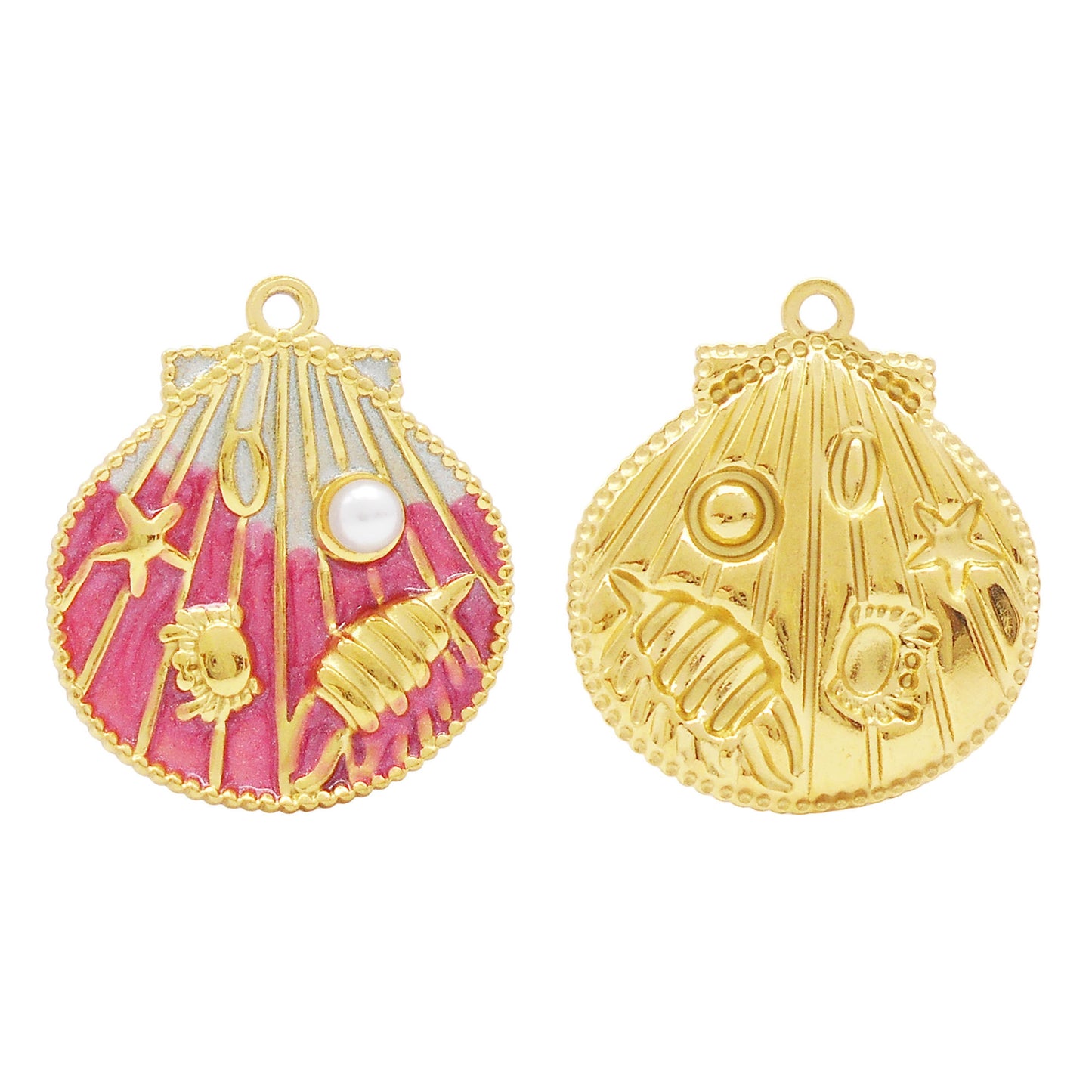 1 Piece Golden Outline Enamel Striped Sea Shell Charm with Plastic Pearl & Marine Life Decoration 29x22.5mm Stainless Steel Round Shell Pendant DIY Making Accessories for Jewelry Necklace Crafts Decor