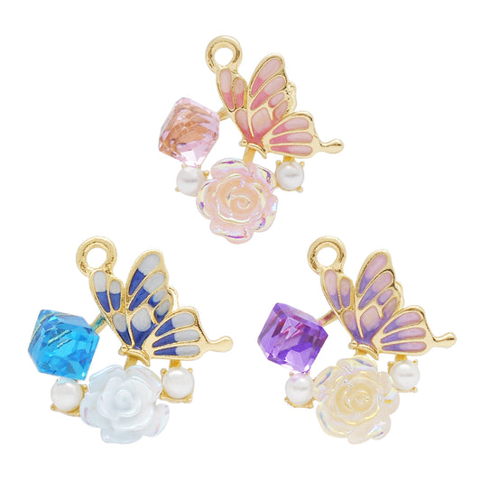 3Pcs Camellia Charm with Faux Pearl Crystal Rhinestone Butterfly Gathering Flowers Pendant Enamel Alloy Jewelry Making Accessory DIY Crafts Decor 23.5x22.5mm