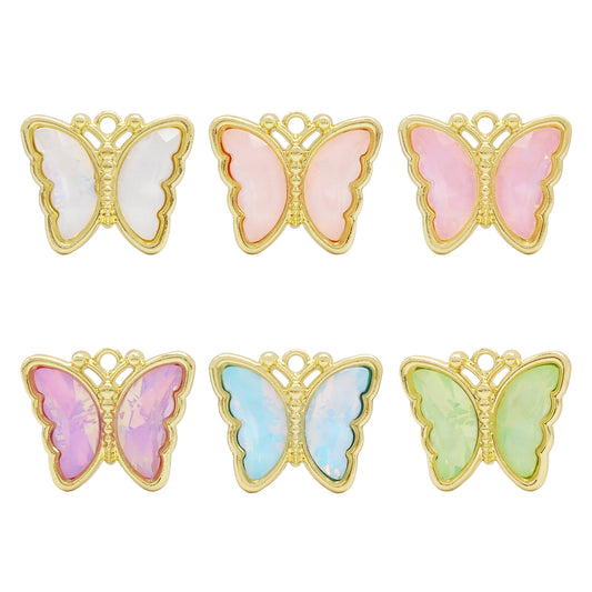 6Pcs Pearlescent Butterfly Charm with Crystal Rhinestone Gold Color Border Insect Design Alloy Pendant DIY Jewelry Making Accessory 19x23mm